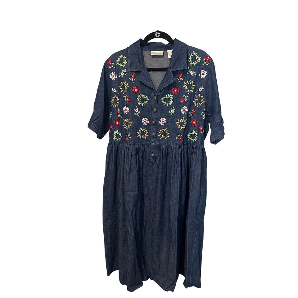 Cabernet Embroidered Denim Dress L Floral Button Front 100% Cotton Cottagecore